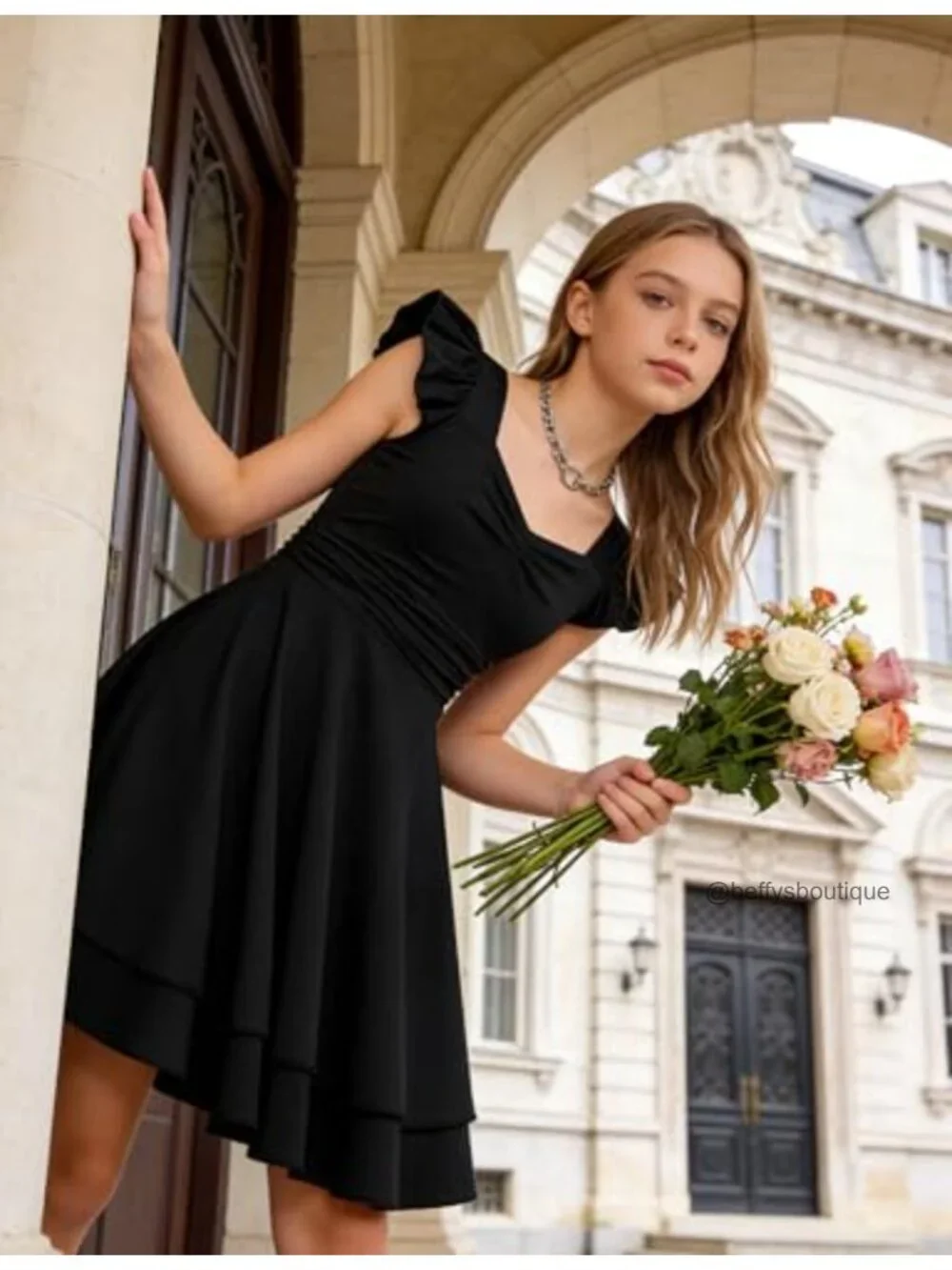 Girls Ruffle Sleeve A-Line Dress Square Neck Pleated Hem Graduation Formal Party